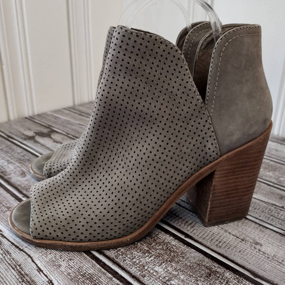 Steve Madden | Taupe Tala Perforated Nubuck Leather Open-Toe Ankle Booties - Picture 6 of 13